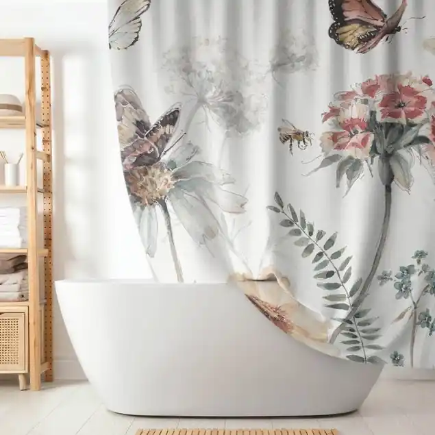 Preisknaller Aquarell Blumenwiese mit Schmetterlingen Duschvorhang