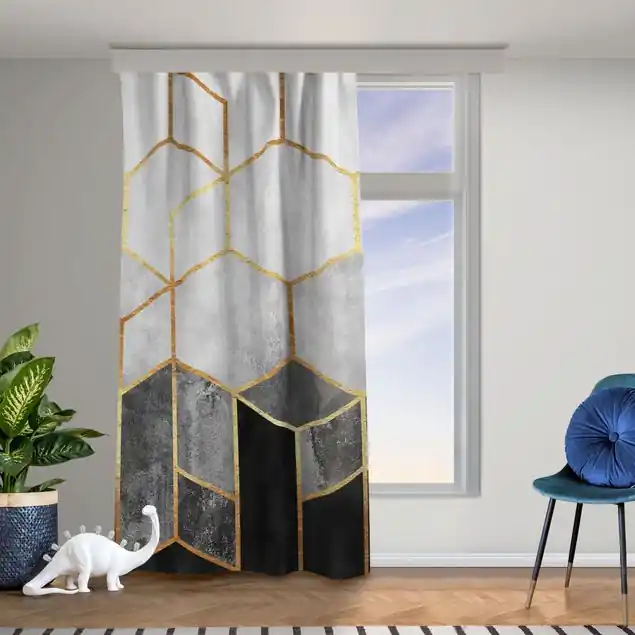 Markenprodukt Goldene Sechsecke Schwarz Weiß Vorhang – Lichtdämpfender Samt