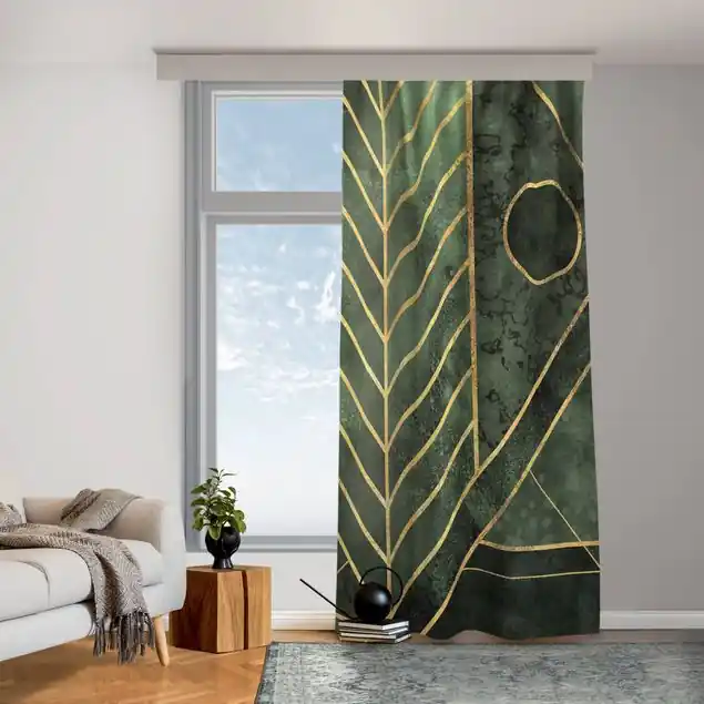 Geometrische Formen Smaragd Gold Vorhang – Lichtdämpfender Samt Garantierte Lieferung