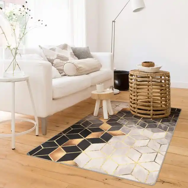 Schwarz Weiß goldene Geometrie Teppich Sonderaktion