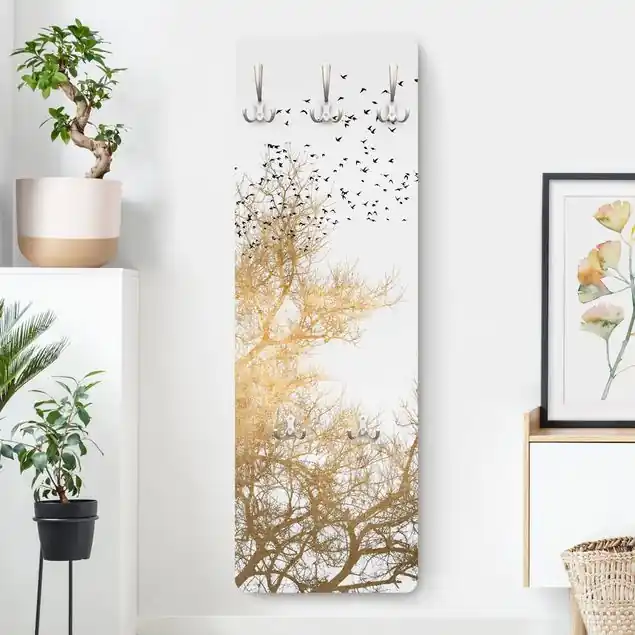 Vogelschwarm vor goldenem Baum Designpaneel Wandgarderobe • inkl. großes Haken-Set • hergestellt in Deutschland • platzsparend • besonderer Eyecatcher Highlight