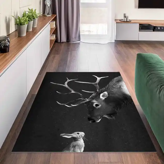 Illustration Hirsch und Hase Schwarz Weiß Malerei                               Premium Vinylteppich 2,2 mm • hergestellt in Deutschland • glatt • abwaschbar • ideal für Haushalte mit Tieren Abverkauf