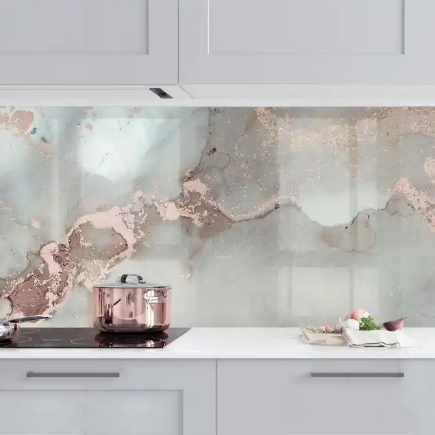 Farbexperimente Marmor Pastell und Gold Küchenrückwand • selbstklebend • Spritzschutz • wasserfest • glänzend • 0,35 mm • hergestellt in Deutschland Jetzt Bestellen