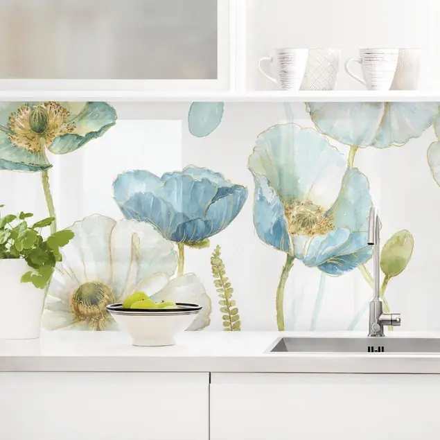 Blüten in Gold und Blau                               Küchenrückwand • selbstklebend • Spritzschutz •  wasserfest • glänzend • 0,35 mm • hergestellt in Deutschland Preis Gesenkt