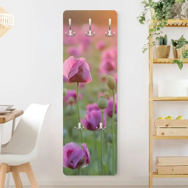 Violette Schlafmohn Blumenwiese im Frühling Designpaneel Wandgarderobe • inkl. großes Haken-Set • hergestellt in Deutschland • platzsparend • besonderer Eyecatcher Direktkauf