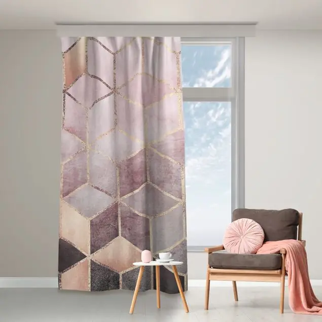 Begrenztes Angebot Rosa Grau goldene Geometrie Vorhang – Lichtdämpfender Samt