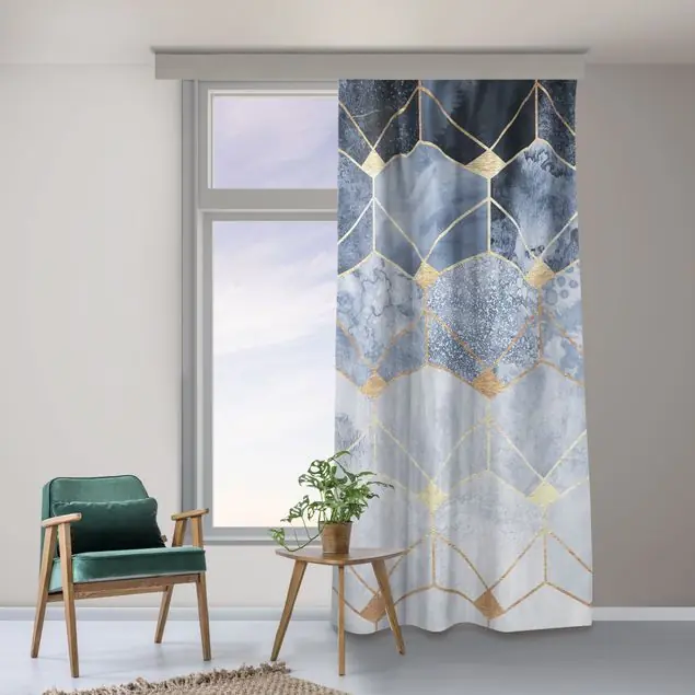 Mega-Angebot Blaue Geometrie goldenes Art Deco Vorhang – Lichtdämpfender Samt