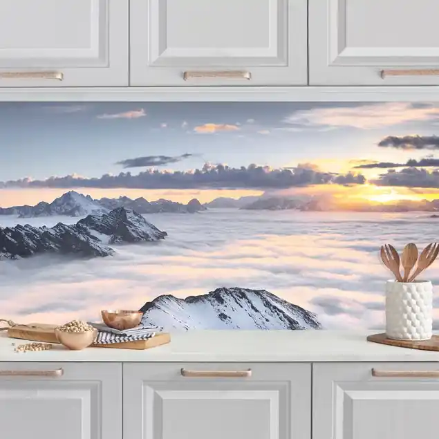 Beliebt Blick über Wolken und Berge Küchenrückwand • selbstklebend • Spritzschutz • wasserfest • glänzend • 0,35 mm • hergestellt in Deutschland