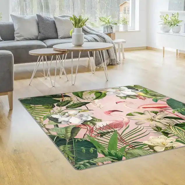Highlight Tropische Flamingos mit Pflanzen in Rosa Teppich