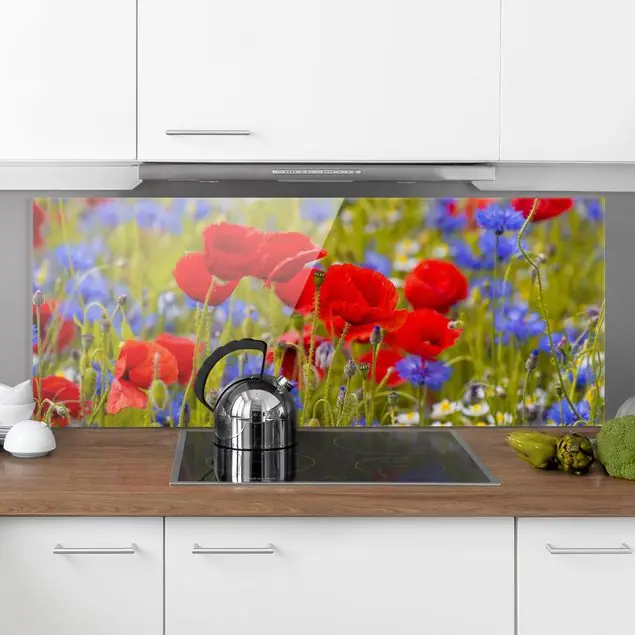 Neue Ware Sommerwiese mit Mohn und Kornblumen Spritzschutz
