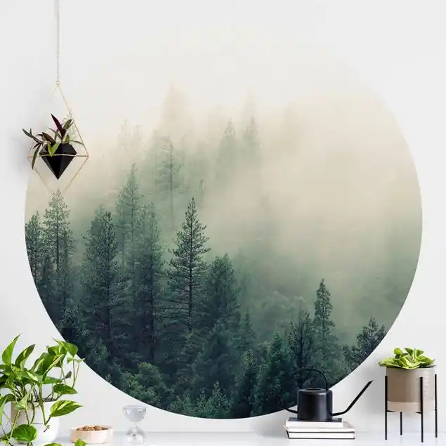 Markenprodukt Wald im Nebel Erwachen Runde Fototapete