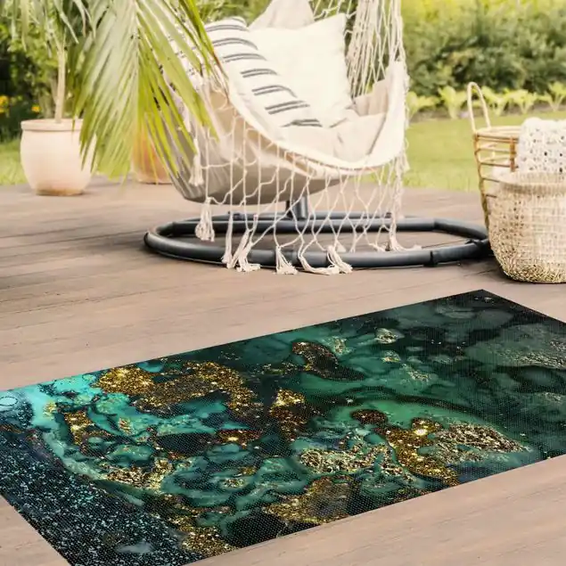 Goldene Meeres-Inseln Abstrakt Outdoor-Vinylteppich 2,2 mm • hergestellt in Deutschland • Outdoor Edition • wetterfest • wasserdurchlässig • rutschhemmend Abverkauf