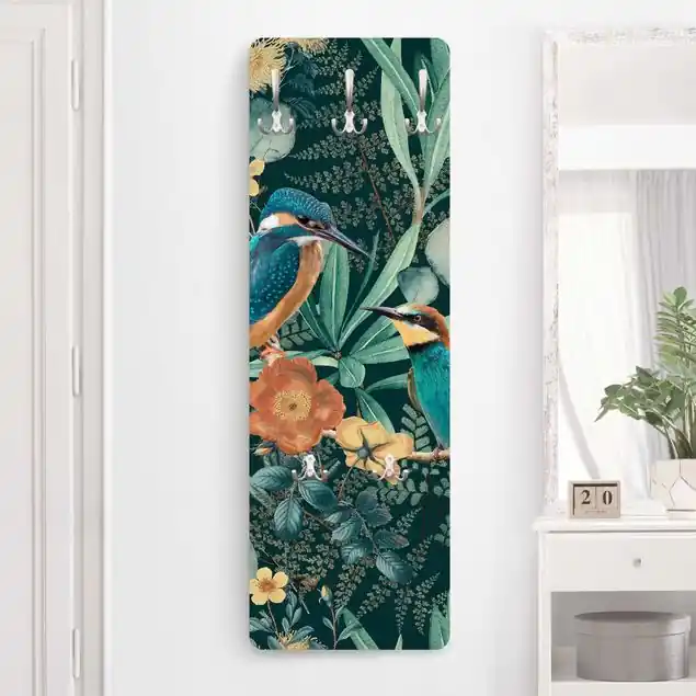 Versand Am Gleichen Tag Blumenparadies Eisvogel und Kolibri Designpaneel Wandgarderobe • inkl. großes Haken-Set • hergestellt in Deutschland • platzsparend • besonderer Eyecatcher