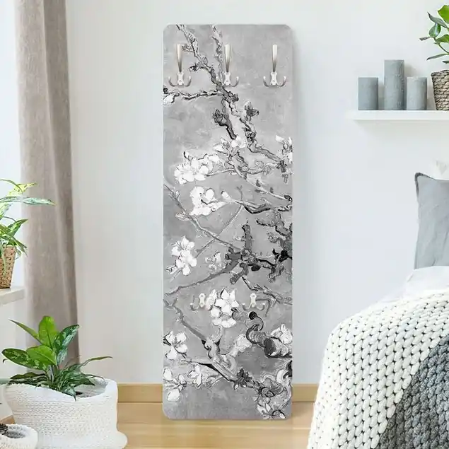 Top-Seller Vincent van Gogh - Mandelblüte Schwarz-Weiß                               Designpaneel Wandgarderobe • inkl. großes Haken-Set • hergestellt in Deutschland • platzsparend • besonderer Eyecatcher
