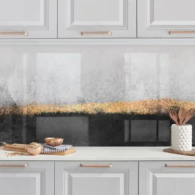 Kostenfreie Lieferung Abstrakter Goldener Horizont Schwarz Weiß Küchenrückwand • selbstklebend • Spritzschutz • wasserfest • glänzend • 0,35 mm • hergestellt in Deutschland