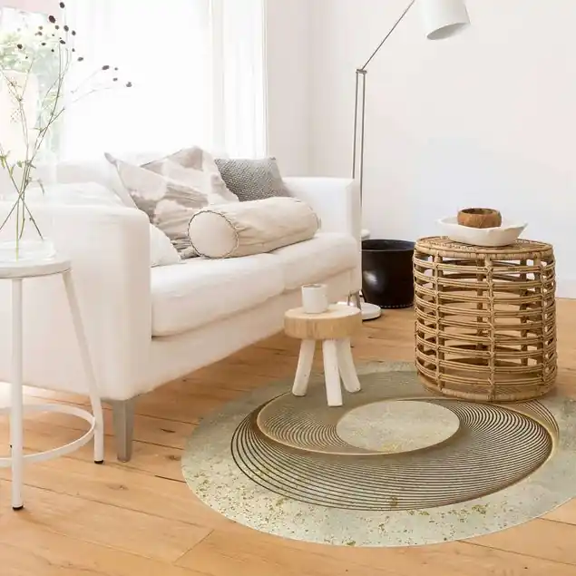 Line Art Kreisspirale Gold Premium Vinylteppich 2,2 mm • hergestellt in Deutschland • glatt • abwaschbar • ideal für Haushalte mit Tieren Kostenfreie Lieferung
