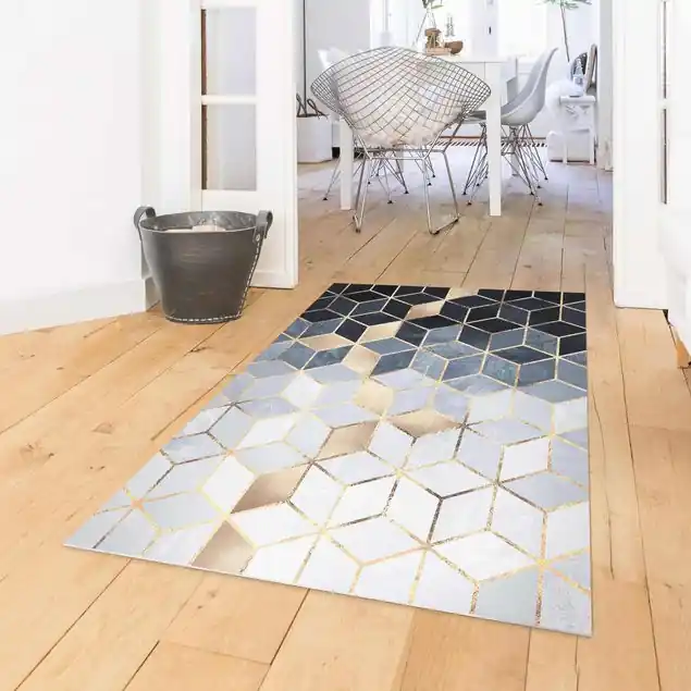 Blau Weiß goldene Geometrie Premium Vinylteppich 2,2 mm • hergestellt in Deutschland • glatt • abwaschbar • ideal für Haushalte mit Tieren Versand Am Gleichen Tag