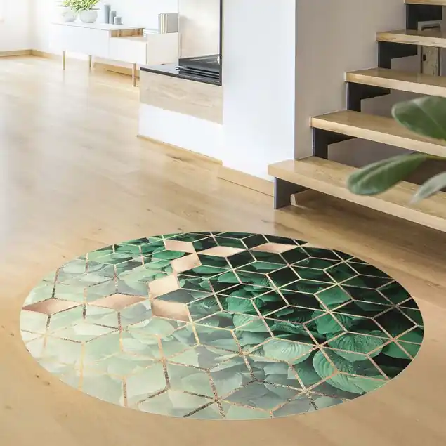 Grüne Blätter goldene Geometrie Premium Vinylteppich 2,2 mm • hergestellt in Deutschland • glatt • abwaschbar • ideal für Haushalte mit Tieren Markenware