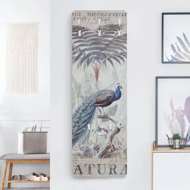 Shabby Chic Collage - Pfau Designpaneel Wandgarderobe • inkl. großes Haken-Set • hergestellt in Deutschland • platzsparend • besonderer Eyecatcher Meistverkauft