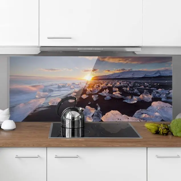 Eisbrocken am Strand Island Glas Spritzschutz - Panorama Jetzt Kaufen