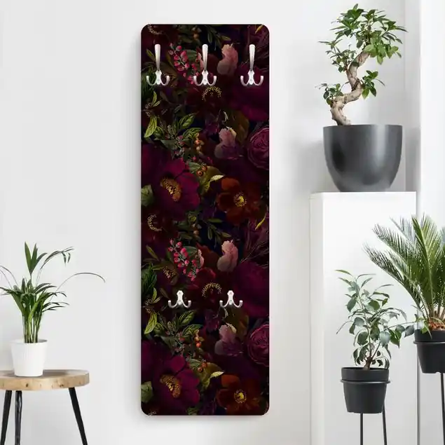 Sichere Zahlung Lila Blüten Dunkel Designpaneel Wandgarderobe • inkl. großes Haken-Set • hergestellt in Deutschland • platzsparend • besonderer Eyecatcher