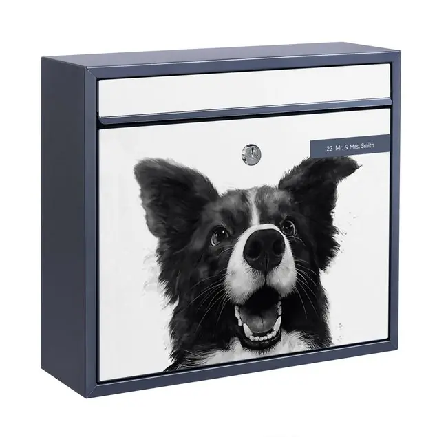Abverkauf Illustration Hund Border Collie Schwarz Weiß Malerei Briefkasten mit eigenem Text