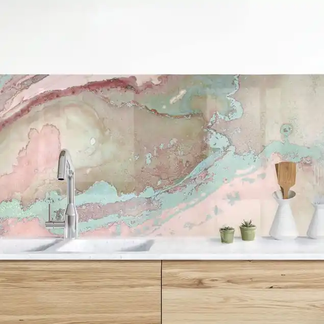 Farbexperimente Marmor Rose und Türkis Küchenrückwand • selbstklebend • Spritzschutz • wasserfest • glänzend • 0,35 mm • hergestellt in Deutschland Neuheit