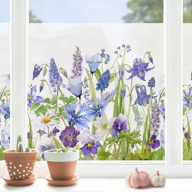 Neu Im Sortiment Aquarellierte Blumenwiese in Blau Fensterfolie