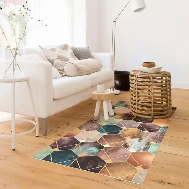 Versand Am Gleichen Tag Türkise Geometrie goldenes Art Deco Premium Vinylteppich 2,2 mm • hergestellt in Deutschland • glatt • abwaschbar • ideal für Haushalte mit Tieren