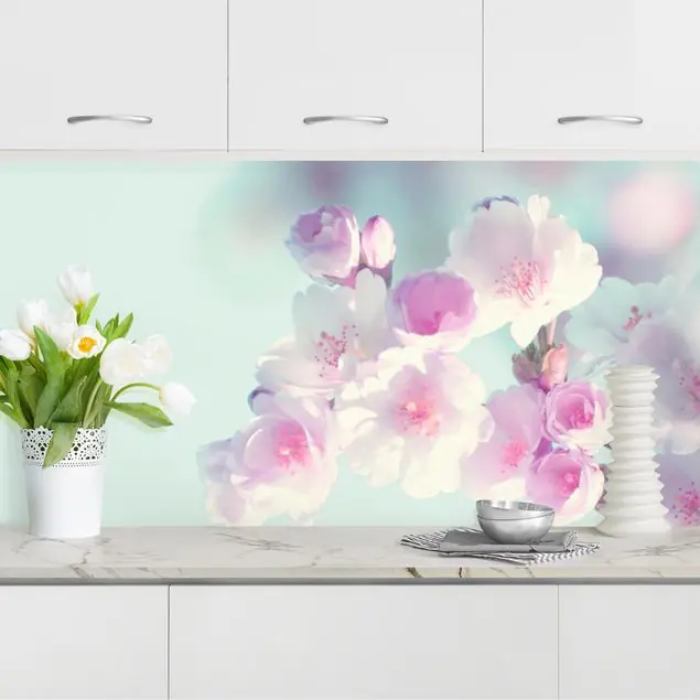 Bestpreis Farbenfrohe Kirschblüten Küchenrückwand • selbstklebend • Spritzschutz • wasserfest • glänzend • 0,35 mm • hergestellt in Deutschland