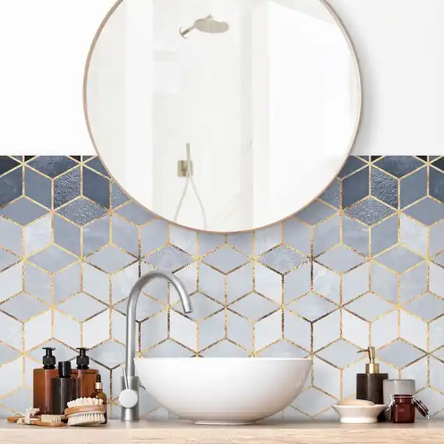 Bestpreis Blau Weiß goldene Geometrie II Wandverkleidung Bad