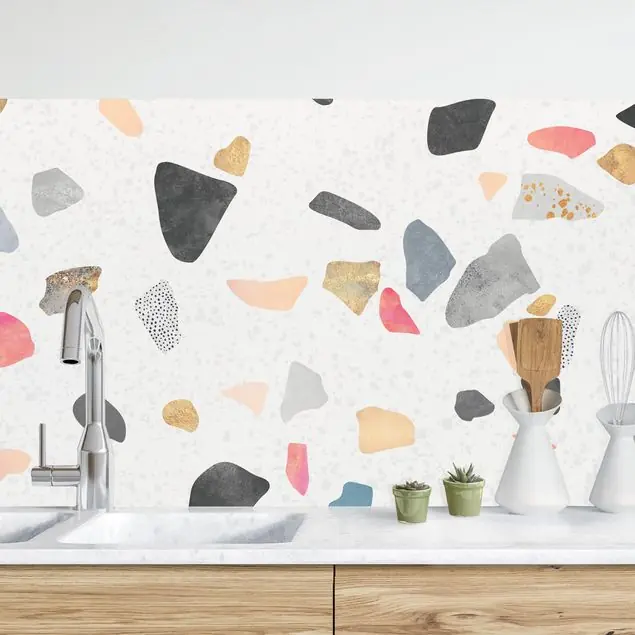 Weißer Terrazzo mit Goldsteinchen II Küchenrückwand • selbstklebend • Spritzschutz • wasserfest • glänzend • 0,35 mm • hergestellt in Deutschland Bestseller