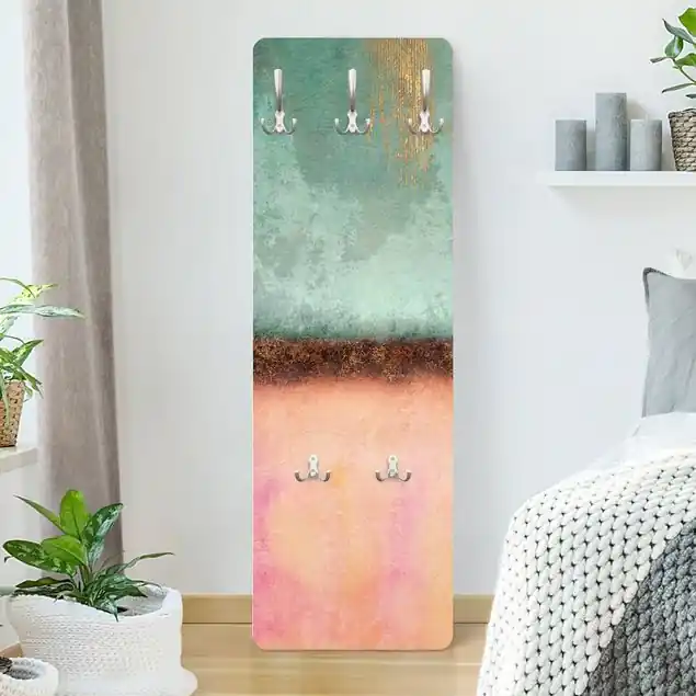 Pastell Sommer mit Gold Designpaneel Wandgarderobe • inkl. großes Haken-Set • hergestellt in Deutschland • platzsparend • besonderer Eyecatcher Sofort Bestellen