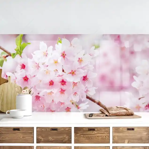 Top-Seller Japanische Kirschblüten Küchenrückwand • selbstklebend • Spritzschutz • wasserfest • glänzend • 0,35 mm • hergestellt in Deutschland