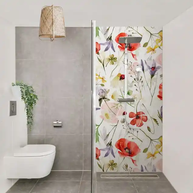 Marienkäfer mit Mohn als Aquarell Duschrückwand • selbstklebend • glänzend • 0,35 mm Top-Angebot