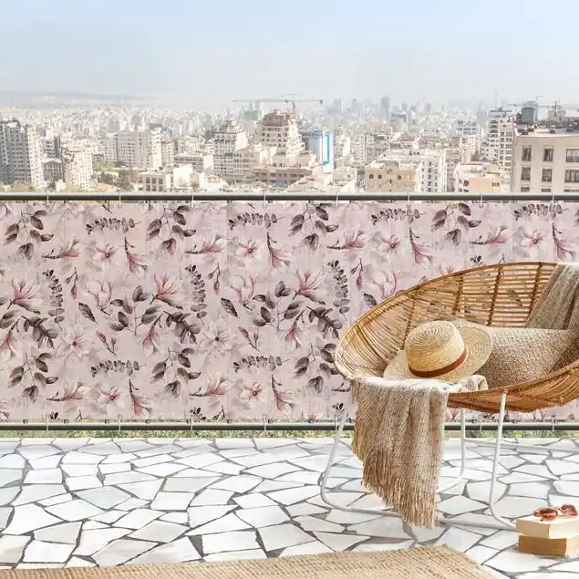 Blüten mit Grauen Blättern vor Rosa Balkon Sichtschutz • winddurchlässiges Mesh • fertig geöst & inkl. Kabelbinder • Schutzbeschichtung • verstärkte Ränder • gefertigt in Deutschland Saisonangebot