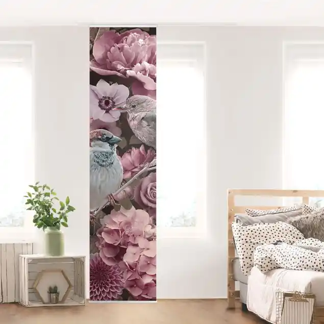 Blumenparadies Spatzen in Altrosa Schiebegardine Bestpreis