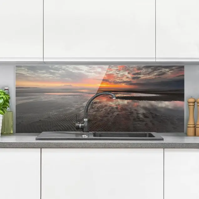 Nur Für Kurze Zeit Sonnenaufgang im Watt Glas Spritzschutz - Panorama