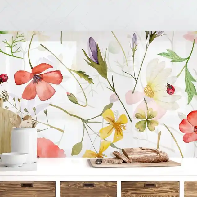 Marienkäfer mit Mohn als Aquarell Küchenrückwand • selbstklebend • Spritzschutz • wasserfest • glänzend • 0,35 mm • hergestellt in Deutschland Schneller Versand