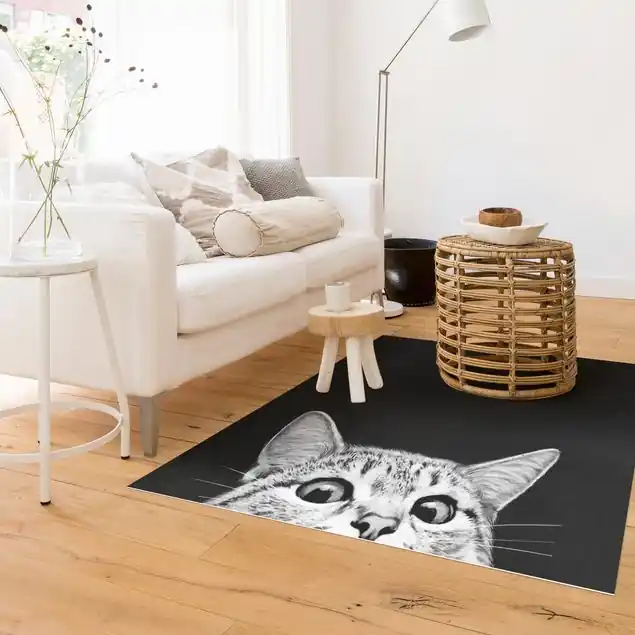 Illustration Katze Schwarz Weiß Zeichnung Premium Vinylteppich 2,2 mm • hergestellt in Deutschland • glatt • abwaschbar • ideal für Haushalte mit Tieren Direkt Vom Hersteller