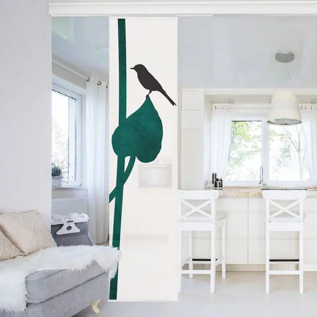 Top-Preis Grafische Pflanzenwelt - Vogel auf Blatt Schiebegardine