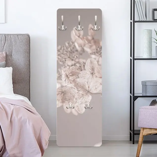Preis Gesenkt Zarte weiße Hortensie Designpaneel Wandgarderobe • inkl. großes Haken-Set • hergestellt in Deutschland • platzsparend • besonderer Eyecatcher