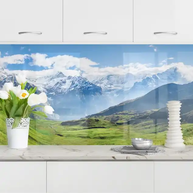 Sofort Bestellen Schweizer Alpenpanorama Küchenrückwand • selbstklebend • Spritzschutz • wasserfest • glänzend • 0,35 mm • hergestellt in Deutschland