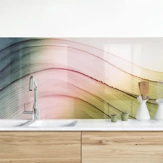 Heißes Angebot Melierter Farbtanz Rosa Gelb mit Türkis Küchenrückwand • selbstklebend • Spritzschutz • wasserfest • glänzend • 0,35 mm • hergestellt in Deutschland