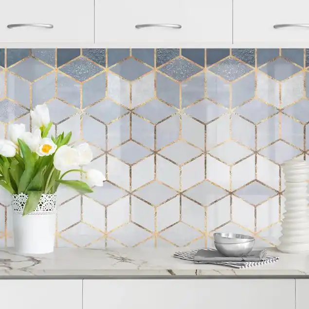 Blau Weiß goldene Geometrie II Küchenrückwand • selbstklebend • Spritzschutz • wasserfest • glänzend • 0,35 mm • hergestellt in Deutschland Kostenloser Rückversand
