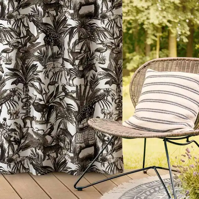 Elefanten Giraffen Zebras und Tiger Schwarz-Weiß mit Braunton Outdoorvorhang Top-Seller