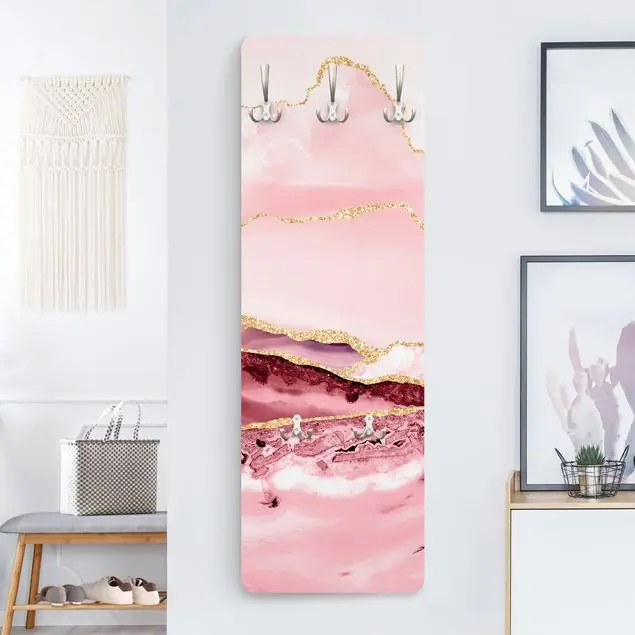 Solange Der Vorrat Reicht Abstrakte Berge Rosa mit Goldenen Linien Designpaneel Wandgarderobe • inkl. großes Haken-Set • hergestellt in Deutschland • platzsparend • besonderer Eyecatcher