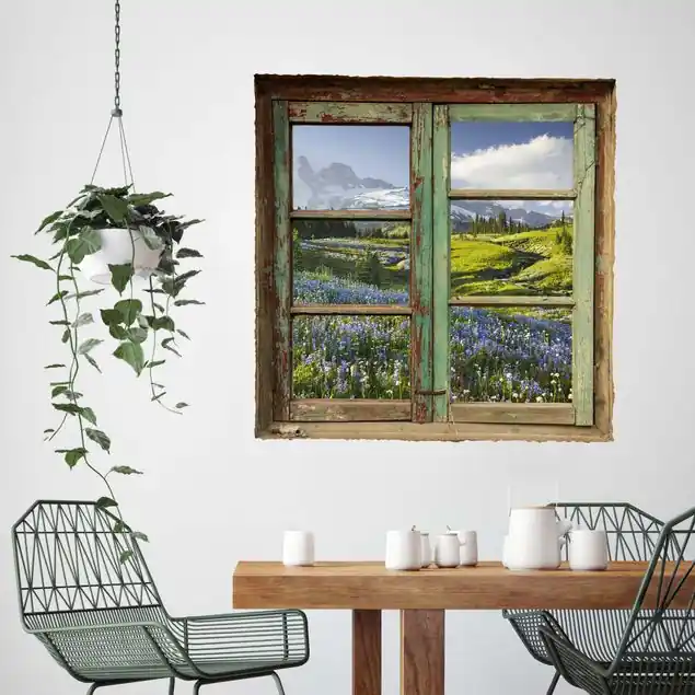 Fensterblick Bergwiese mit Blumen vor Mt. Rainier Wandtattoo Saisonangebot