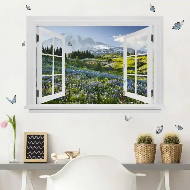 Aktuell Offenes Fenster Bergwiese mit Blumen vor Mt. Rainier und Schmetterlinge                               Wandtattoo