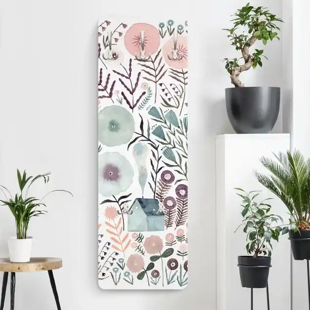 Claudia Voglhuber - Blumenmeer Türkis Designpaneel Wandgarderobe • inkl. großes Haken-Set • hergestellt in Deutschland • platzsparend • besonderer Eyecatcher Direkt Vom Hersteller